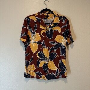 EXPRESS Mens Brown Floral Print 100% Rayon Short Sleeve Shirt Small Hawaiian NWT
